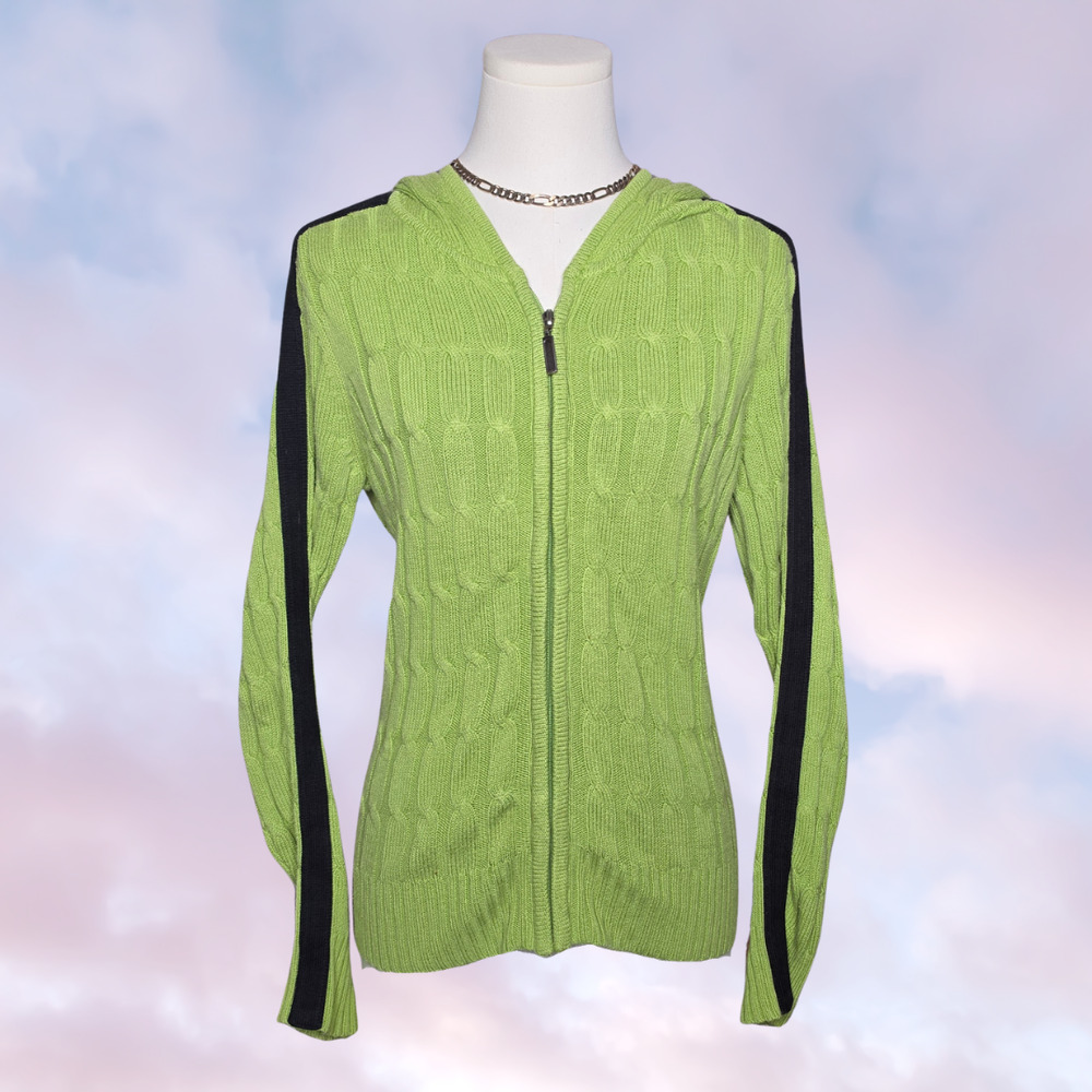 Vtg Y2k 90s INC Bright Green Black Stripe Ribbed Knit Zip Up Hooded Jacket Sz M - Picture 1 of 5